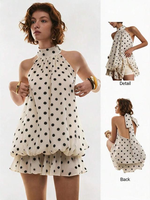 white with black polka dot halter backless mini dress