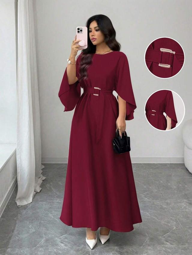 burgundy batwing sleeve cinched waist long dress