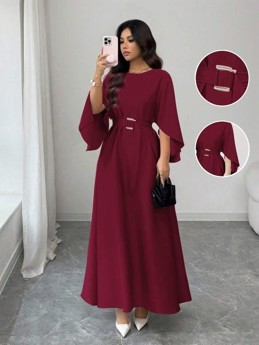 burgundy batwing sleeve cinched waist long dress