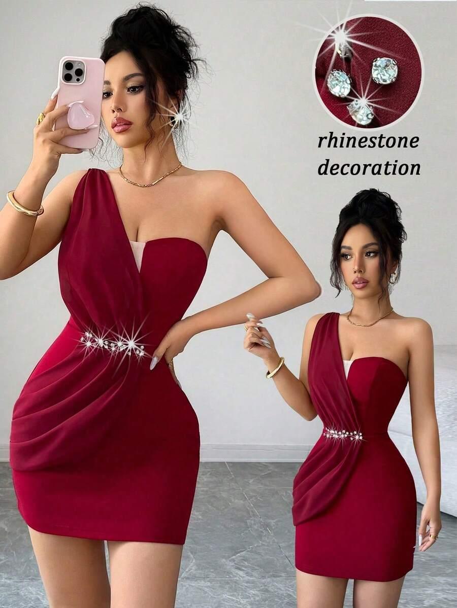 asymmetric red patchwork bodycon dress with diamond decor