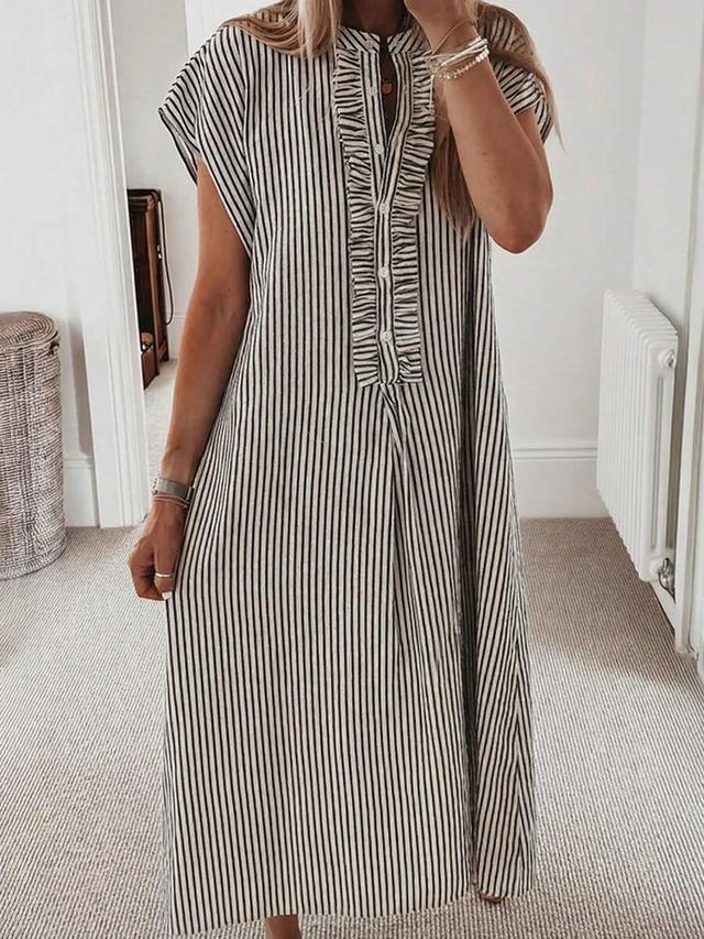striped cotton midi shirt dress with ruffle placket