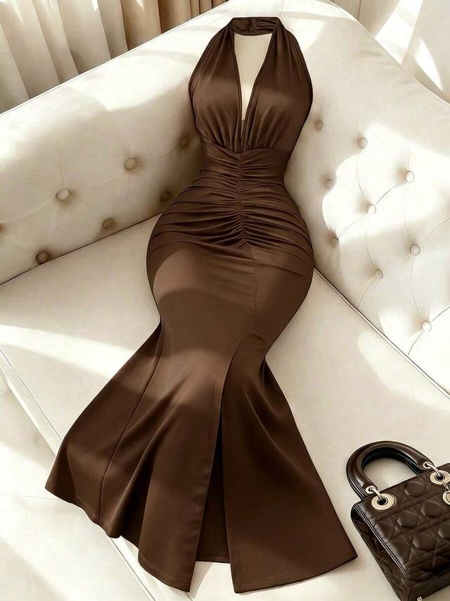 franclia elegant fitted deep v-neck halter slit dress