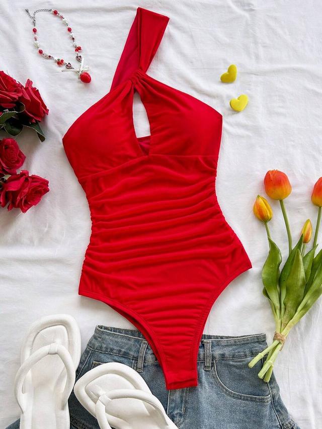 red ruched hollow out one piece swimsuit