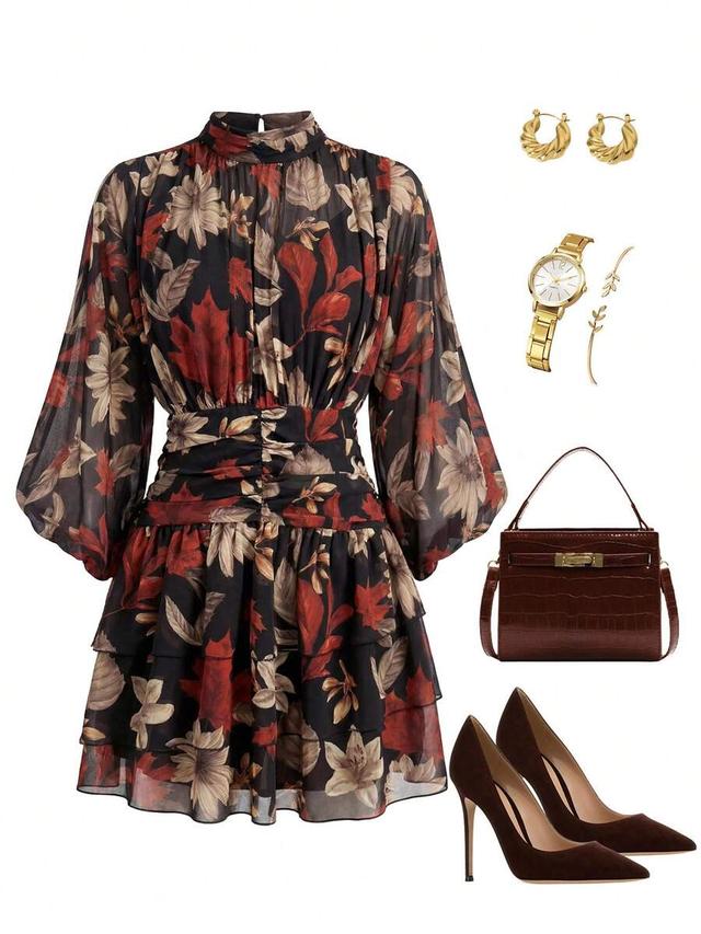 floral print batwing sleeve ruffle mini dress