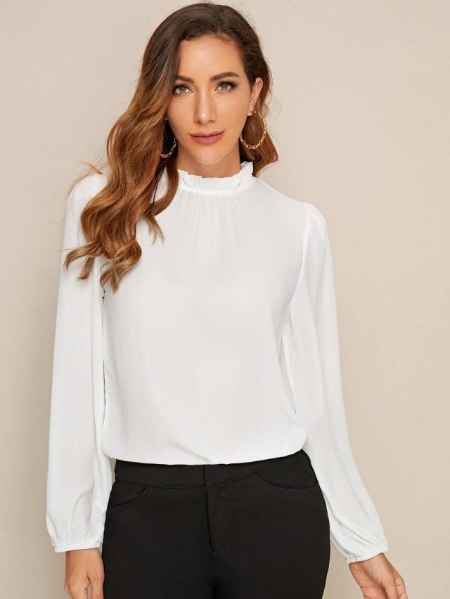 white frilled neck bishop sleeve blouse