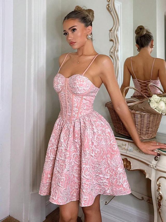 pink floral jacquard mini dress with corset bodice