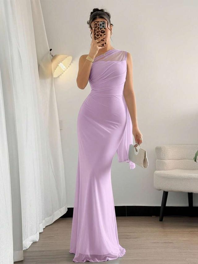 lavender one-shoulder draped chiffon evening gown