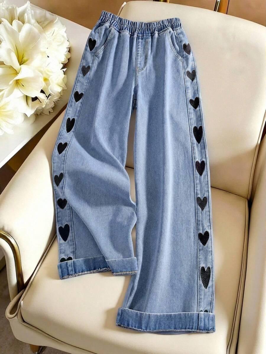 light blue women's colorful heart embroidered wide leg jeans