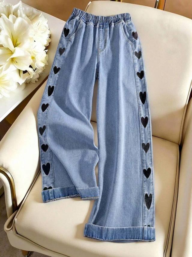 light blue women's colorful heart embroidered wide leg jeans