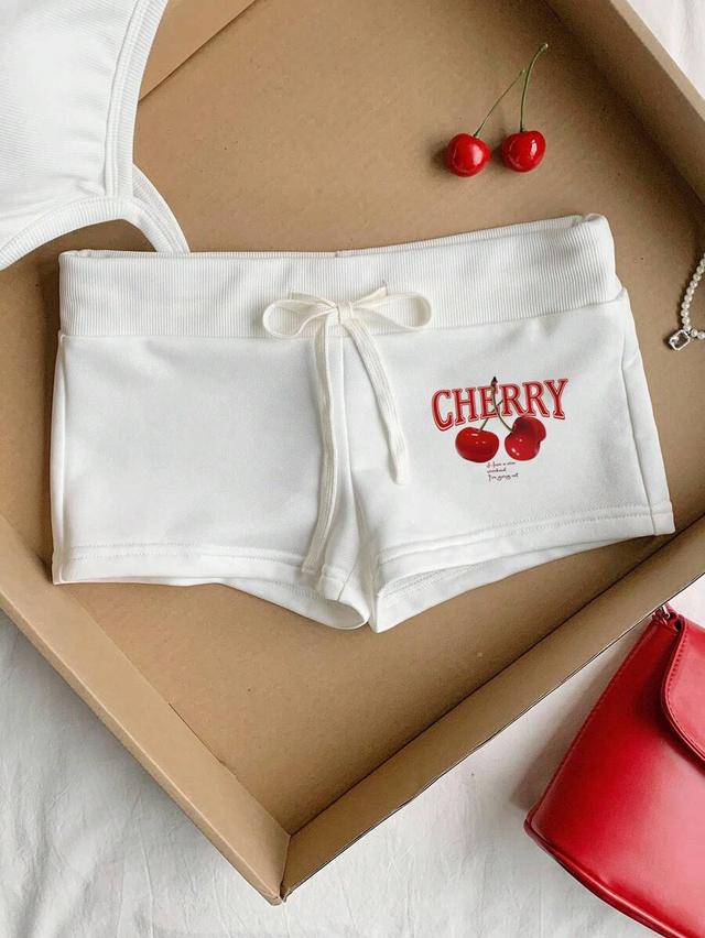 casual y2k cherry print drawstring slim fit shorts