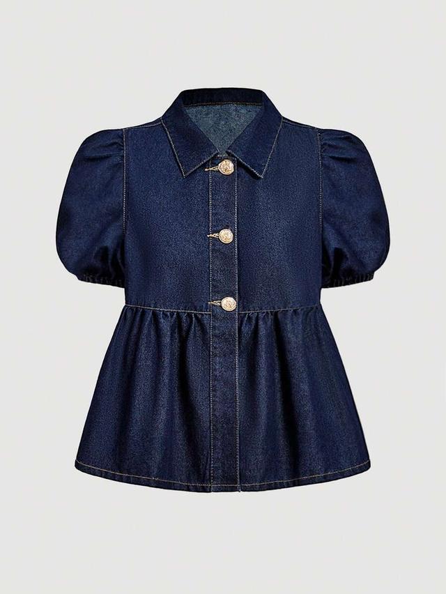 dark wash denim peplum top with puff sleeves