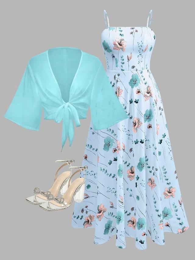 floral print chiffon midi dress and tie-front shrug set