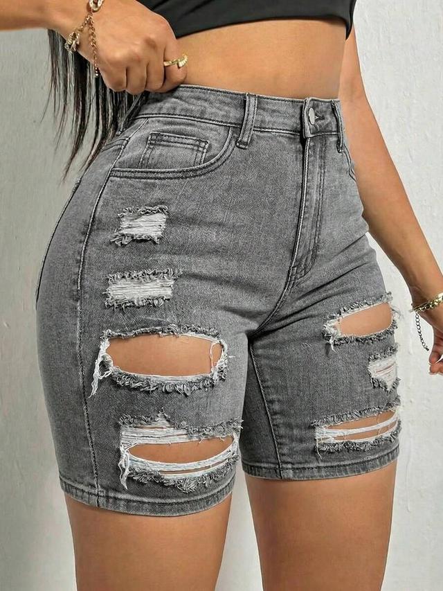 distressed grey denim high waisted shorts