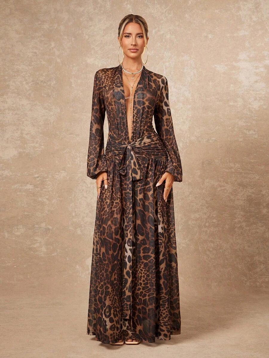 leopard print sheer mesh maxi dress with ruched waist