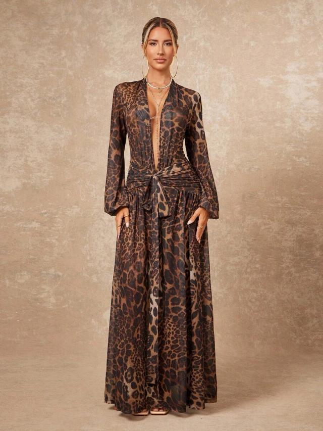 leopard print sheer mesh maxi dress with ruched waist