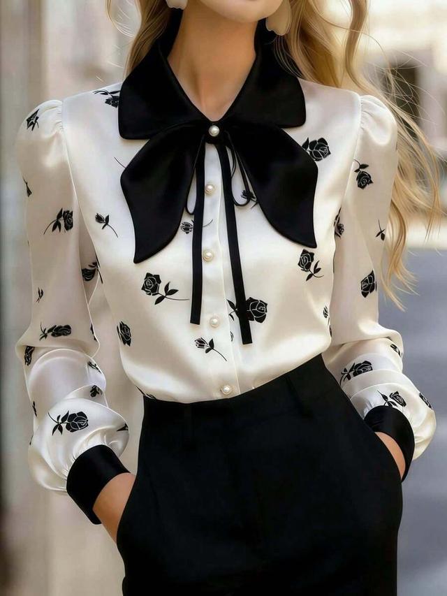 women's satin rose print blouse with bow tie collar