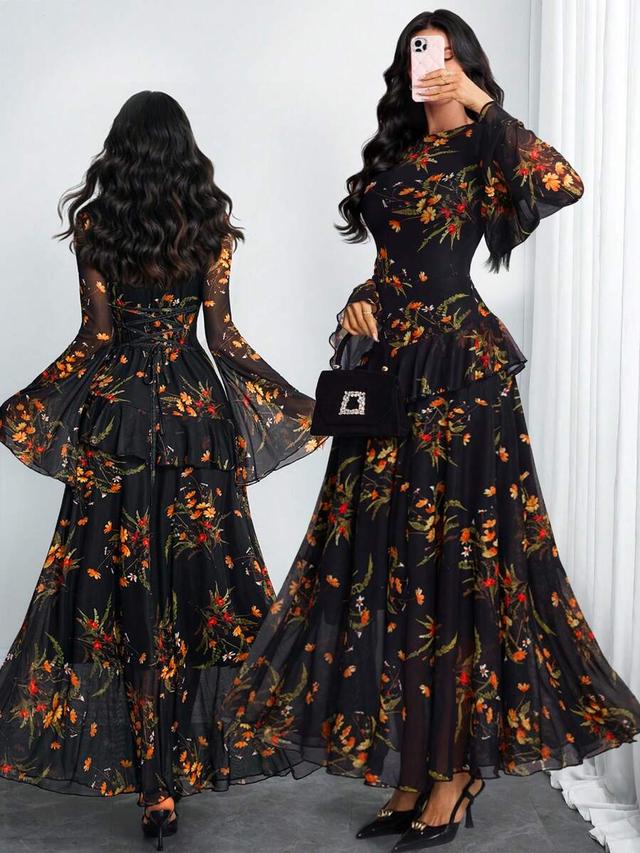 women's elegant floral print double-layer asymmetrical flare dress