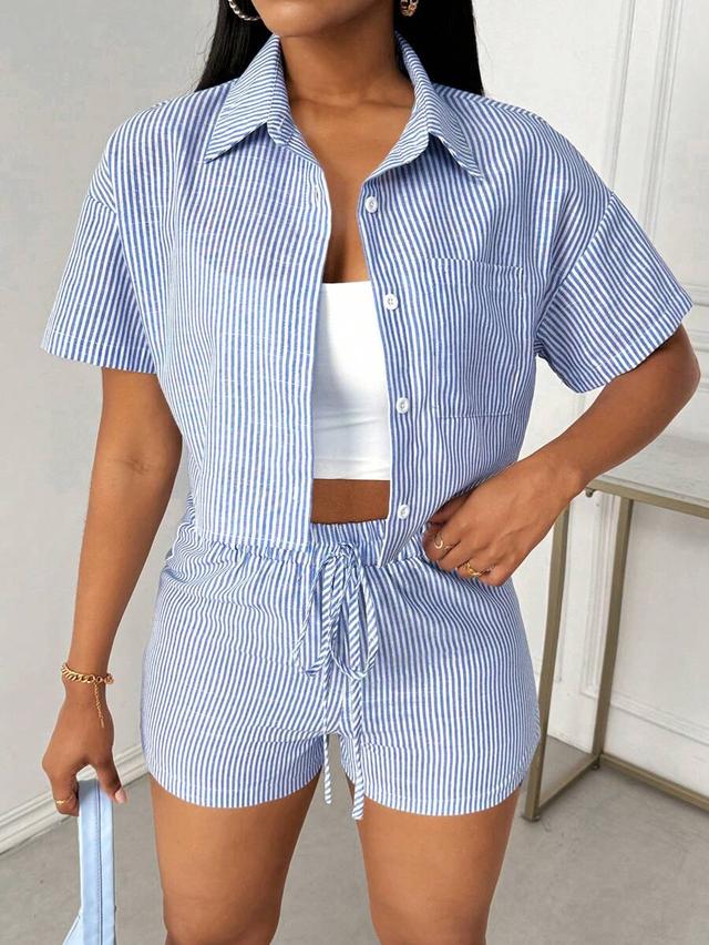 blue and white striped short sleeve shirt and shorts set
