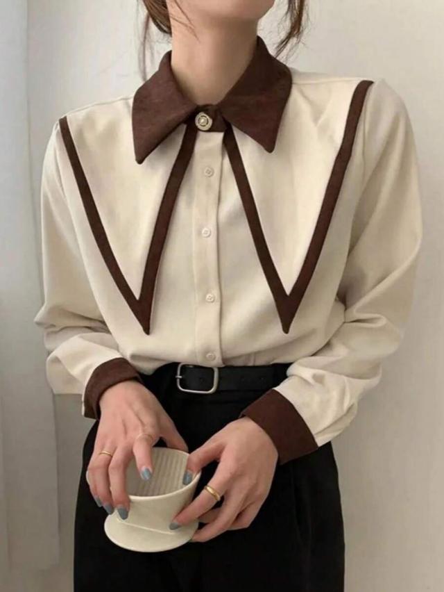 cream and brown contrast collar long sleeve blouse