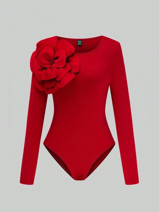 red long sleeve round neck floral applique bodysuit