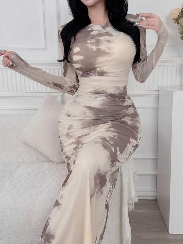 feyla elegant tie-dye print long bodycon dress