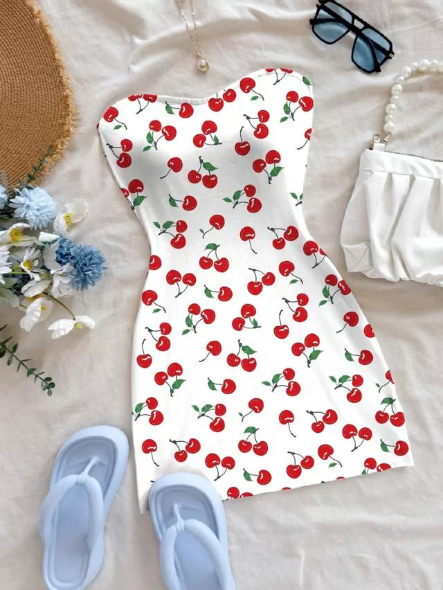 cherry print tube bodycon mini dress