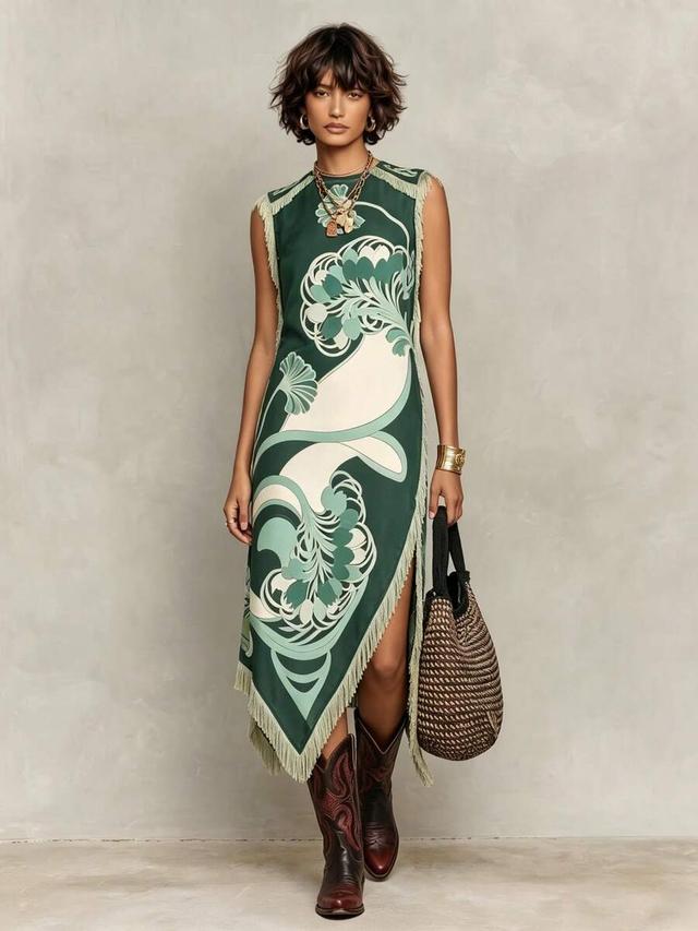 green art nouveau print silk midi dress with fringe