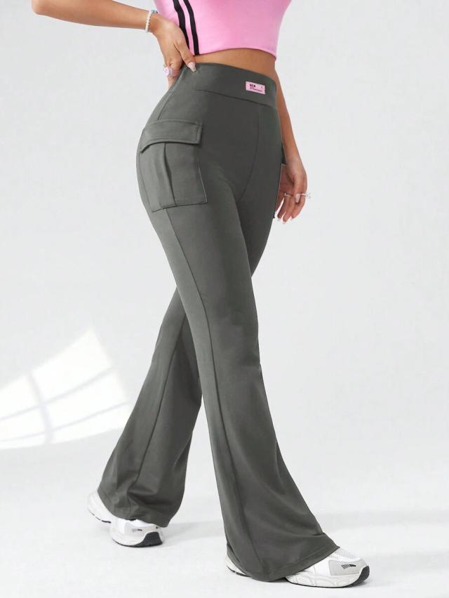 olive green knitted flared trousers with cargo pockets