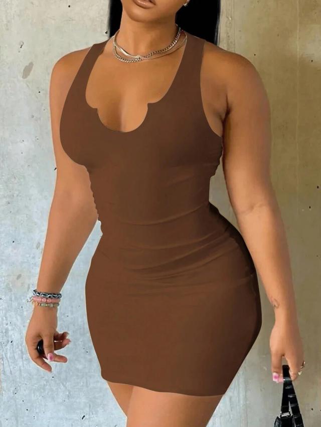 brown sleeveless v-neck bodycon mini dress