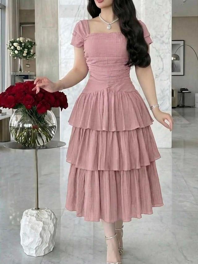 dusty pink off-shoulder ruffle tiered cake maxi dress