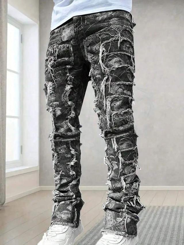 men's slim-fit distressed floral stacked denim jeans