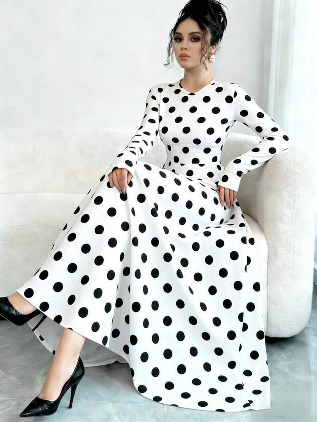 white with black polka dots long sleeve a-line dress