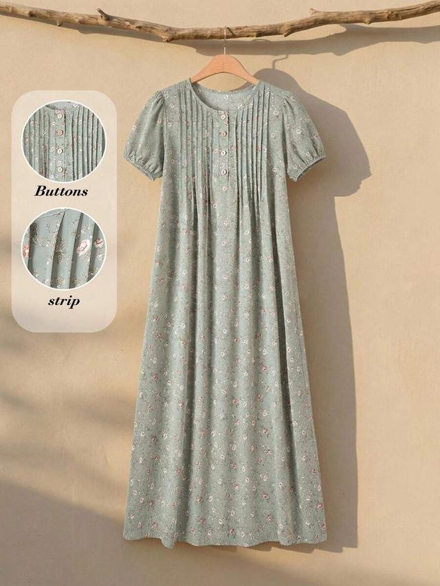 sage green floral print pleated front midi dress