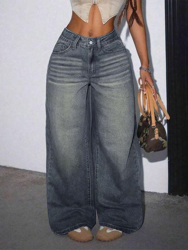 high-waisted wide-leg grey denim jeans