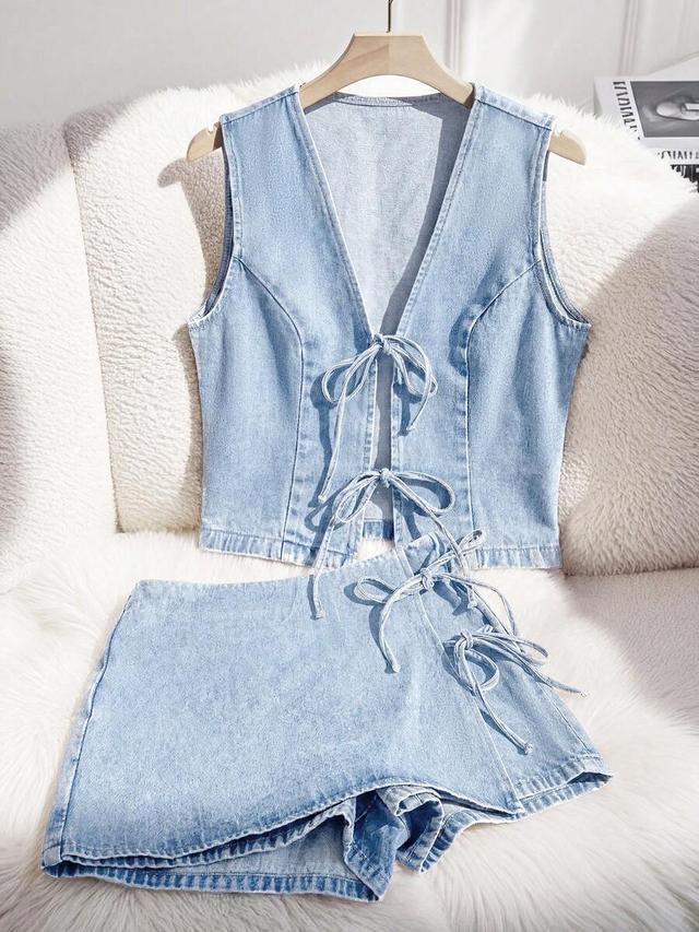 light wash denim tie-front vest and matching side-tie shorts