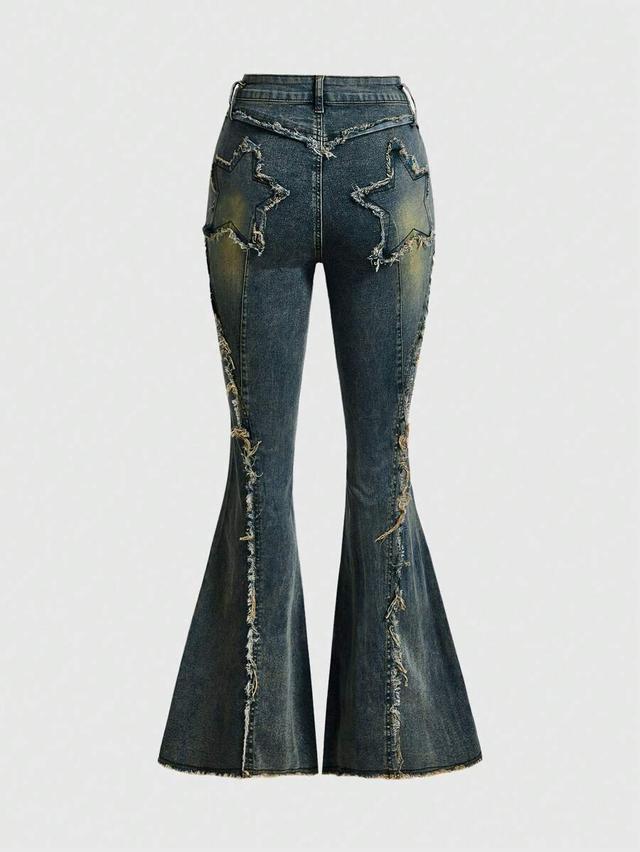 distressed patchwork frayed star decor flared jeans