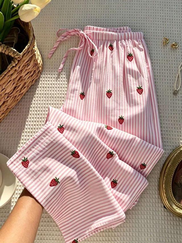 pink striped strawberry print casual wide-leg trousers