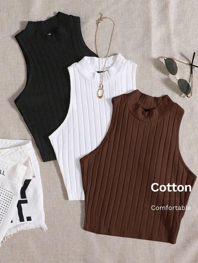 brown ribbed round neck tank top