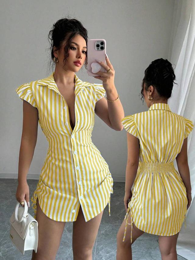 yellow and white striped button-down mini shirt dress
