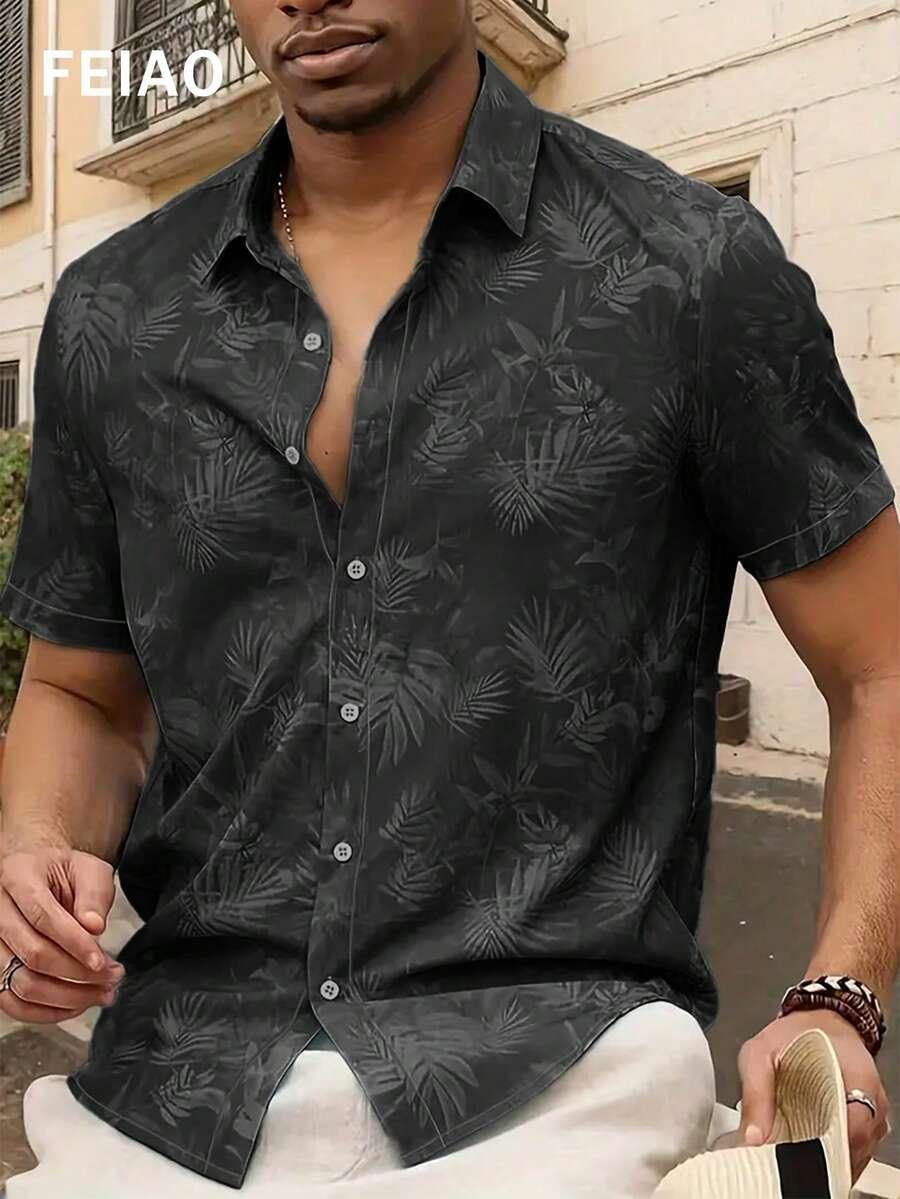 vintage style black palm leaf print short sleeve shirt