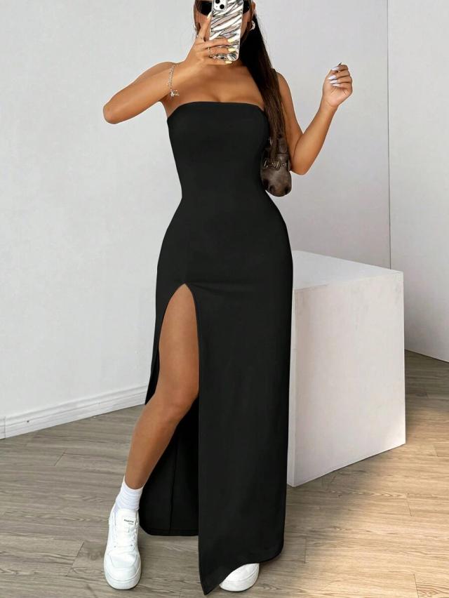 black strapless maxi dress with side slit