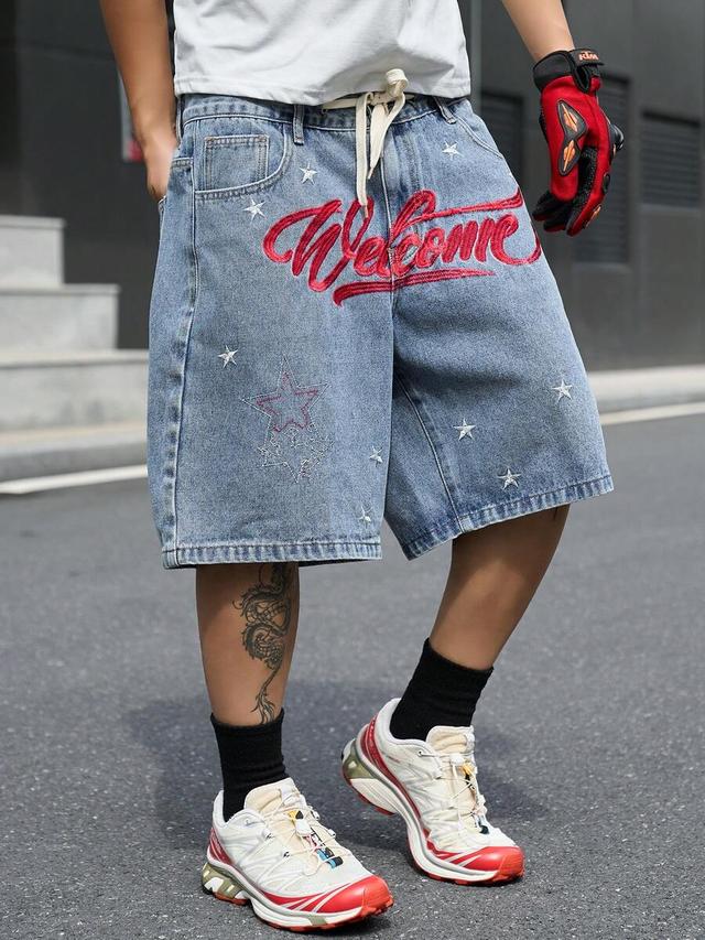 embroidered waist rope blue denim shorts