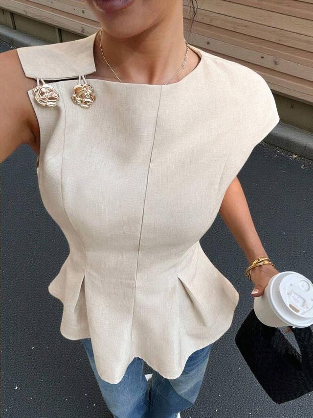 siren gaze beige sleeveless linen peplum top