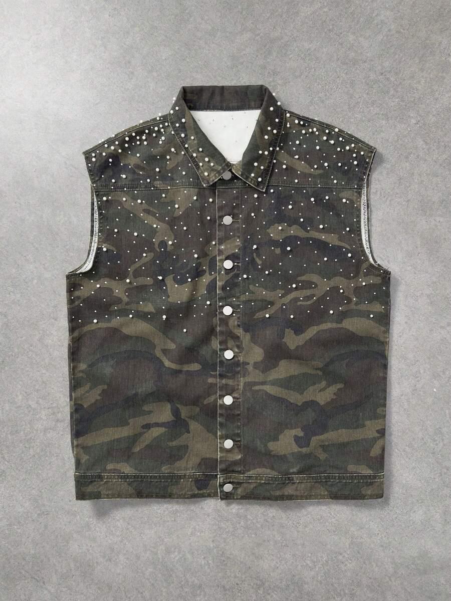 camouflage denim sleeveless vest with pearl bead embellishment