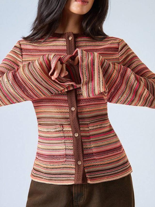brown stripe long sleeve crochet button-down top