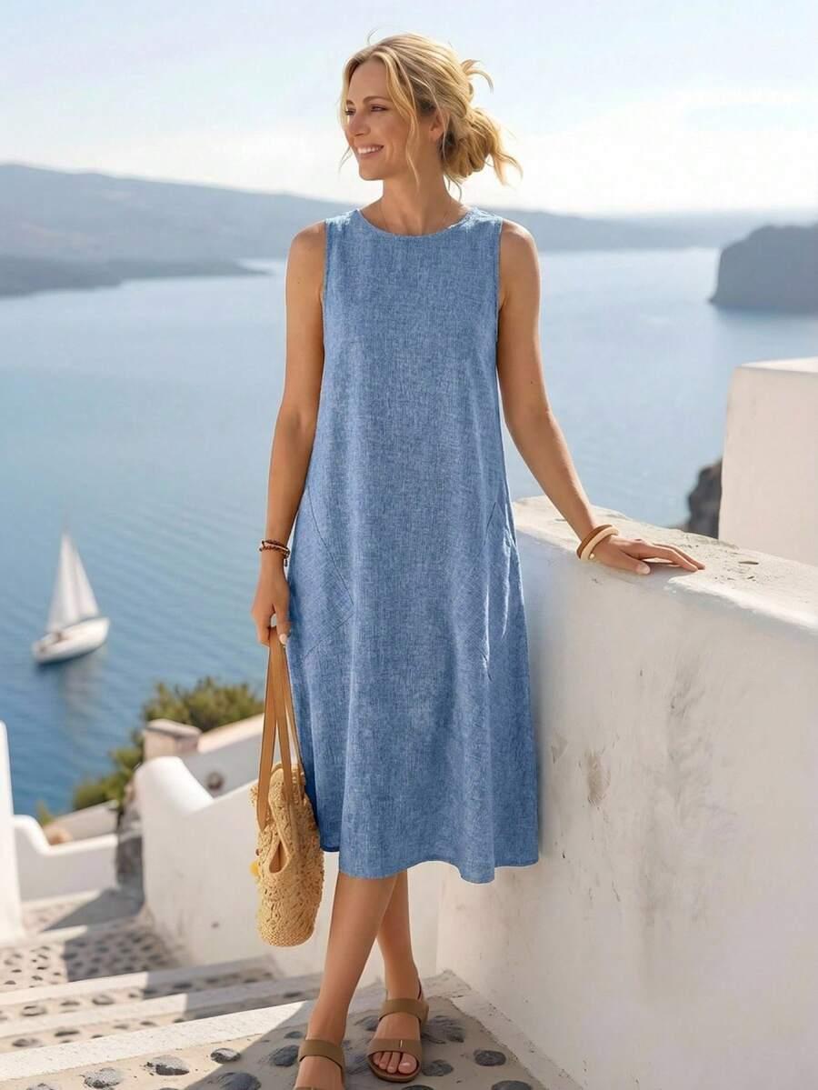 faunlyn solid blue slant pocket tank dress