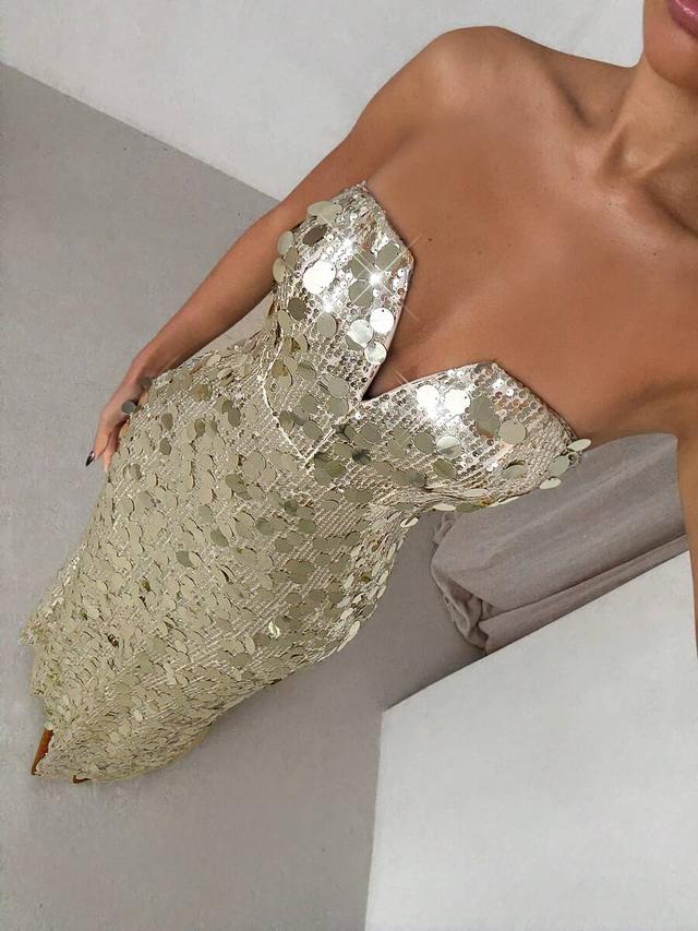 gold sequin embellished strapless sweetheart evening dress