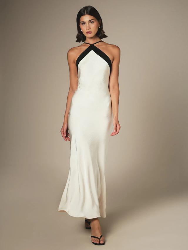halterneck contrast neckline satin maxi evening dress