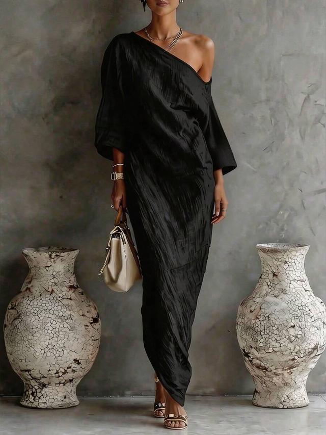 elegant black textured off-shoulder ankle-length dress