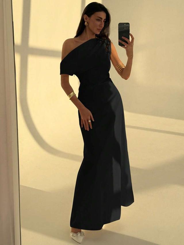 elegant asymmetric shoulder ruffled cinched waist long dress